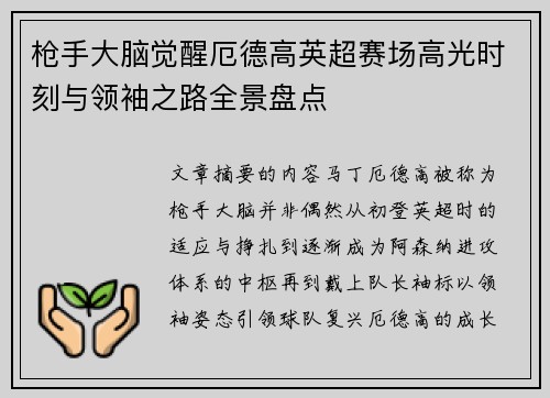 枪手大脑觉醒厄德高英超赛场高光时刻与领袖之路全景盘点